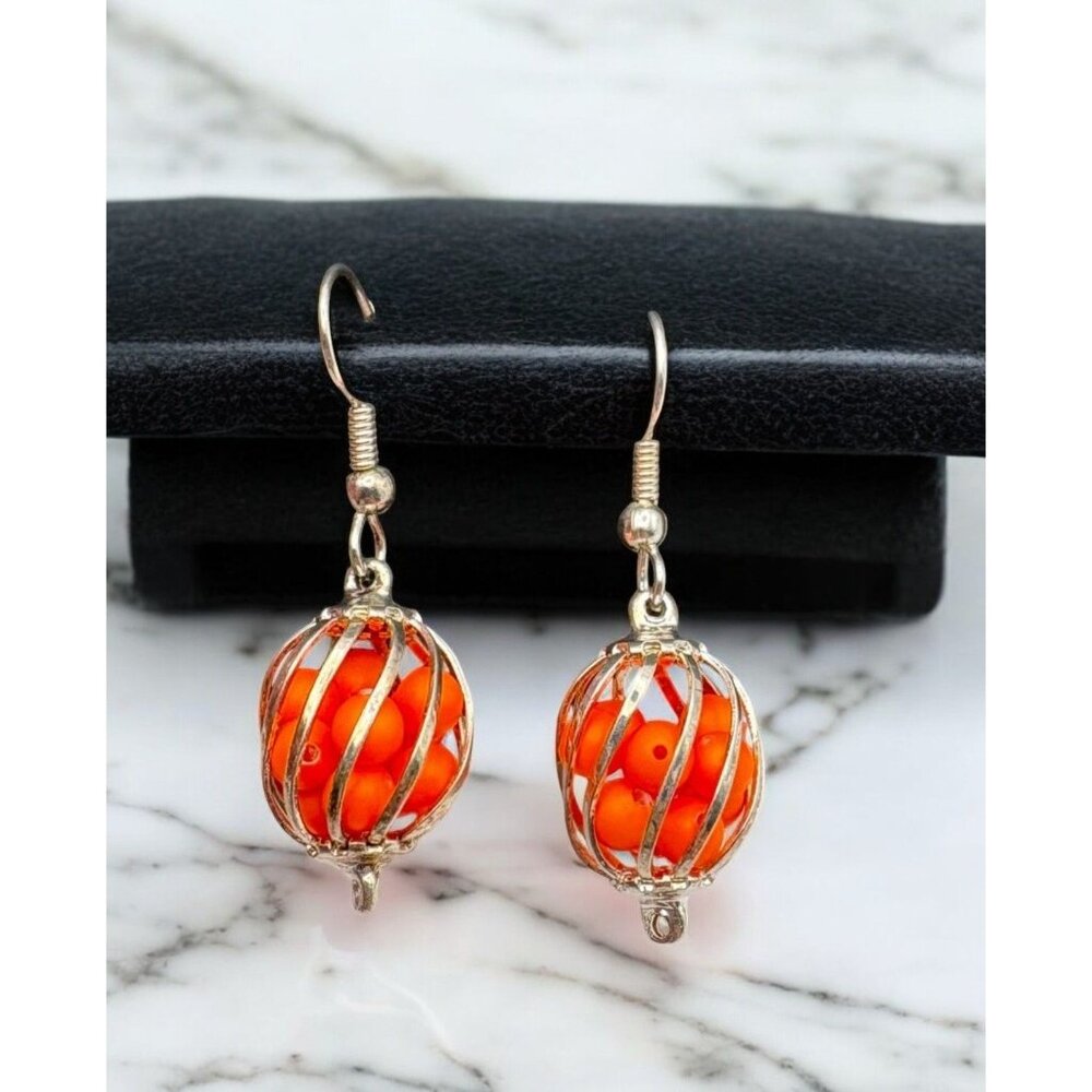 Orange Bead Dangle Earrings With Silver Wire Style Cage Retro 80s Vibrant Fun